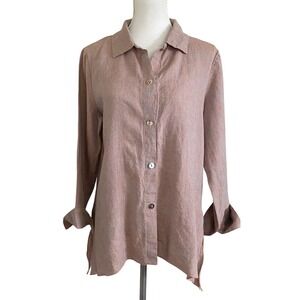 Monika Turtle Studio 100% Linen‎ Shirt Women S  Button Down Sharkbite Hem USA